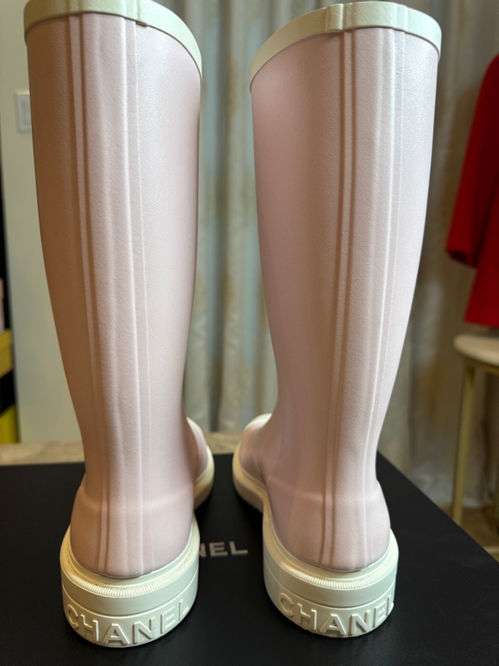 CHANEL Pale Pink and White Rubber Knee-High Rain Boots - Picture 11 of 11
